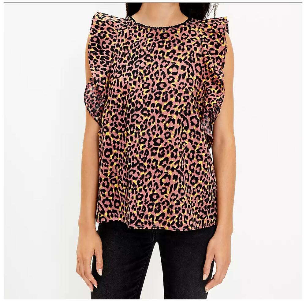 LOFT Leopard Print Ruffle Cut Out Sleeveless Lace Trim Pink Top Medium
